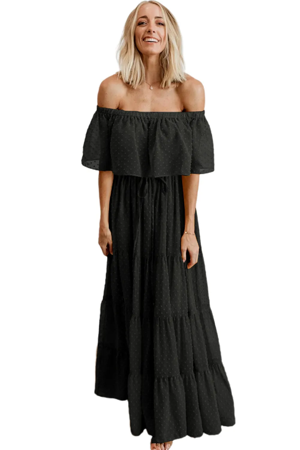 Yellow Yellow Off Shoulder Ruffle Swiss Dot Maxi Dress