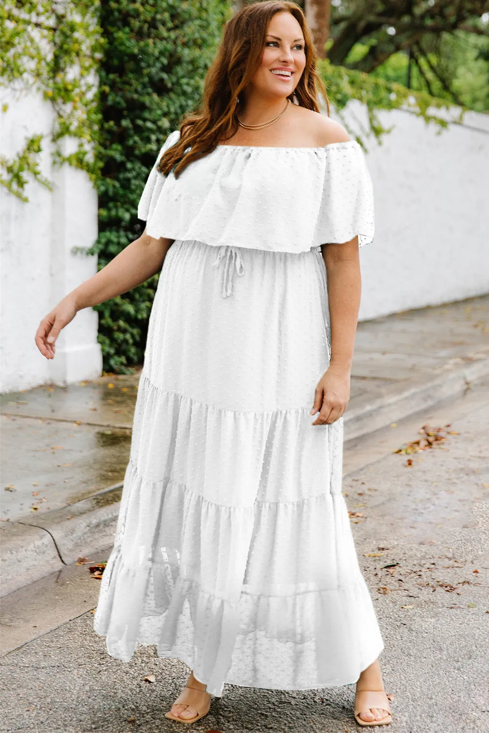 Yellow Yellow Off Shoulder Ruffle Swiss Dot Maxi Dress