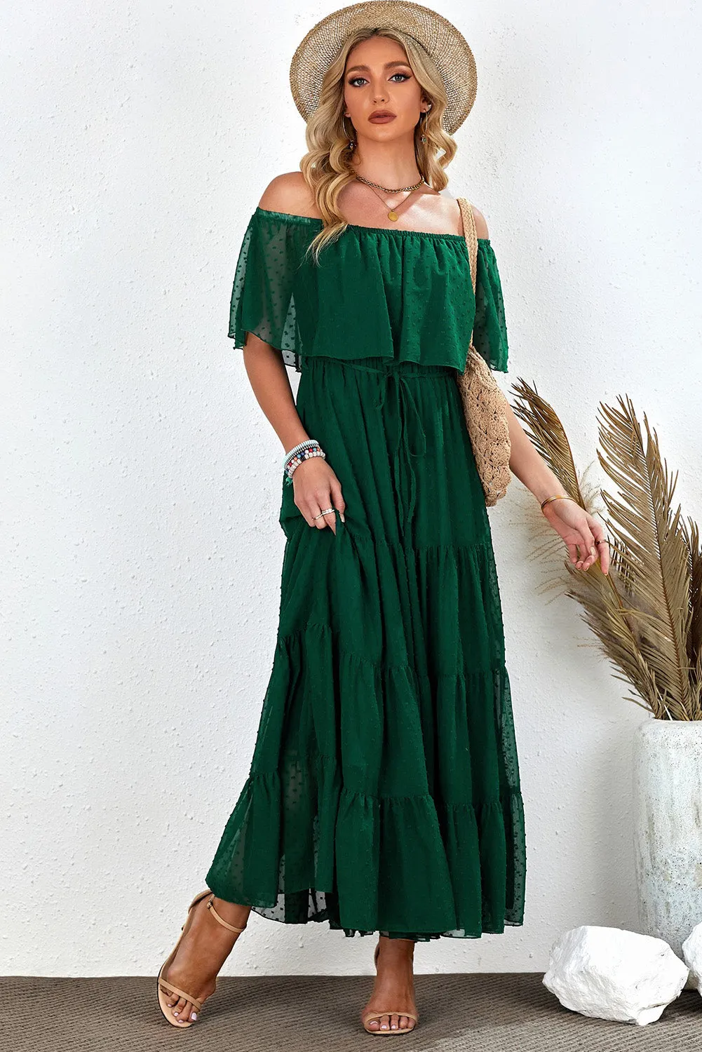 Yellow Yellow Off Shoulder Ruffle Swiss Dot Maxi Dress