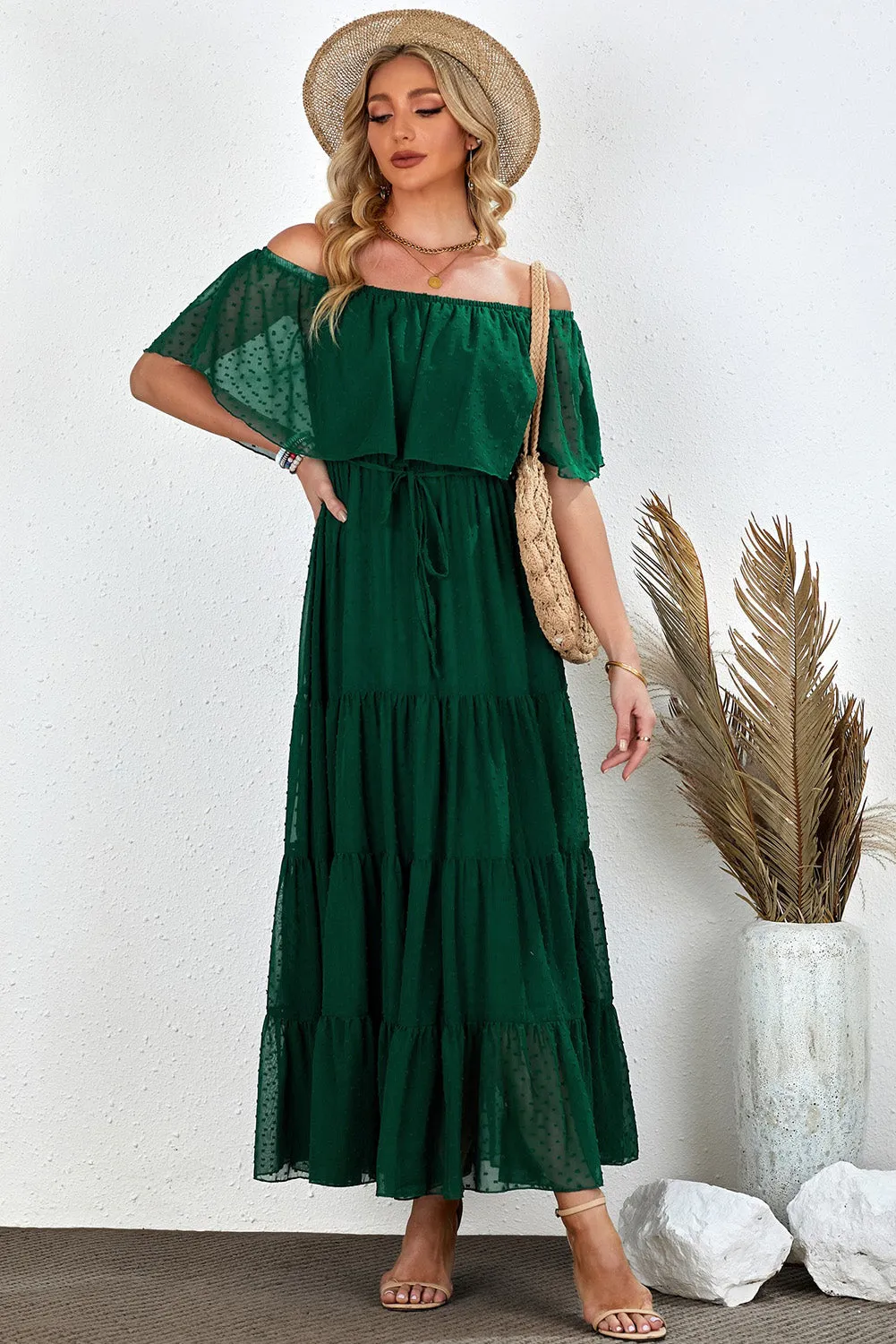 Yellow Yellow Off Shoulder Ruffle Swiss Dot Maxi Dress