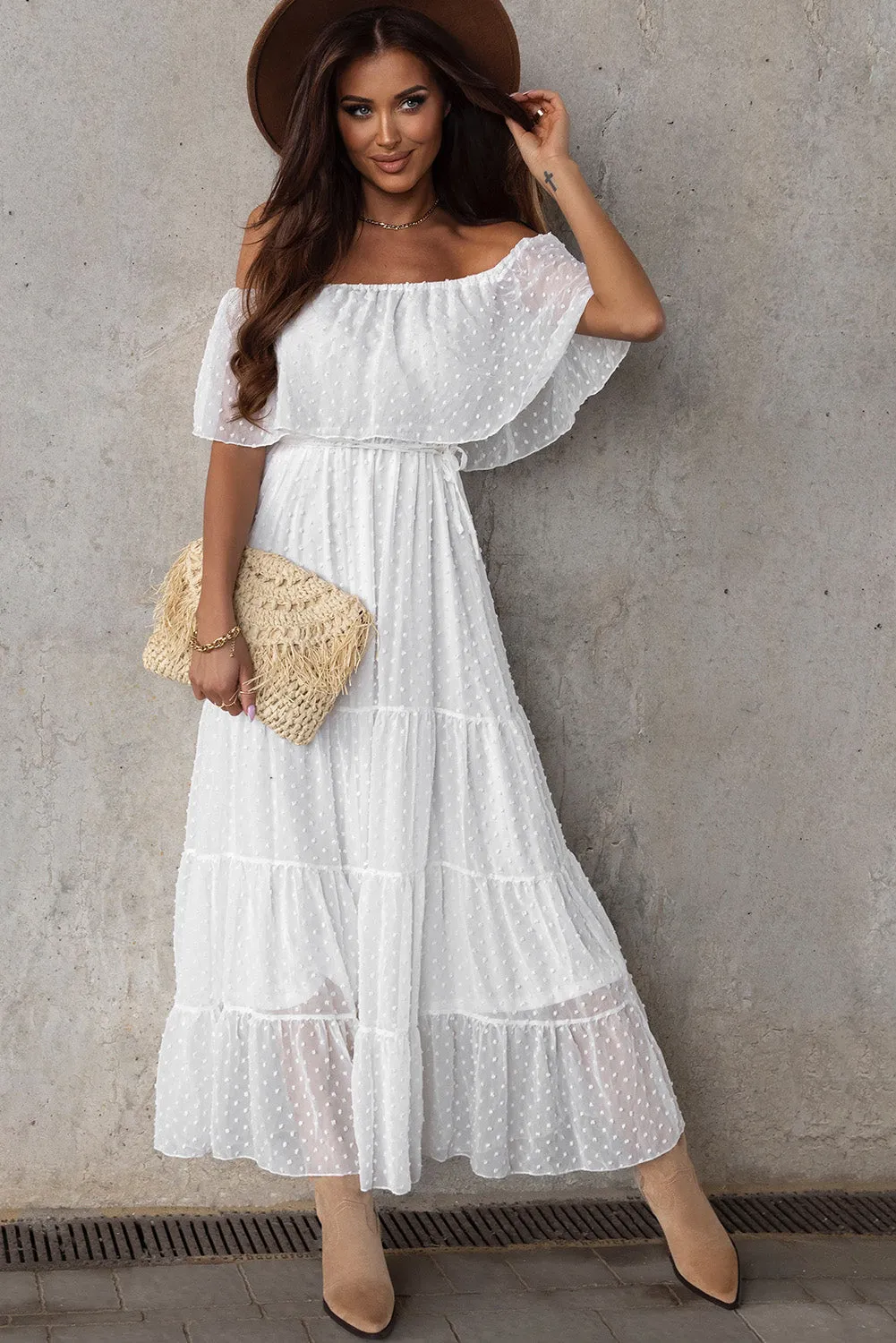 Yellow Yellow Off Shoulder Ruffle Swiss Dot Maxi Dress