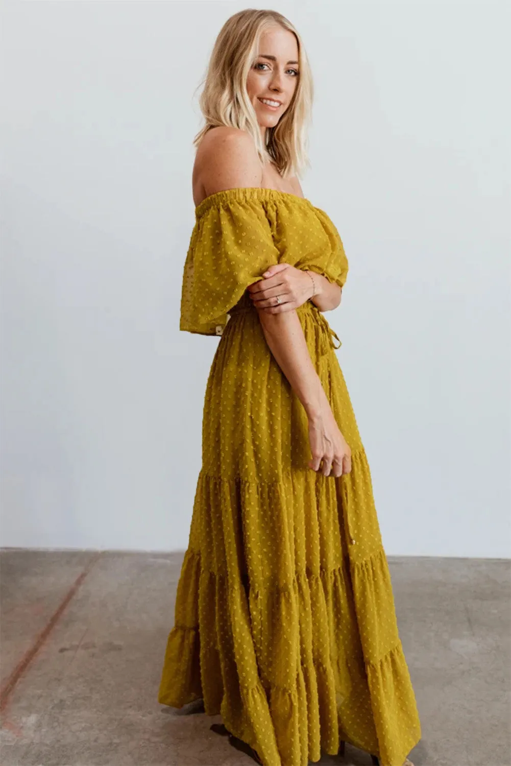 Yellow Yellow Off Shoulder Ruffle Swiss Dot Maxi Dress