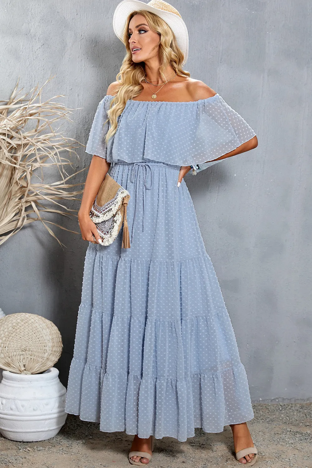 Yellow Yellow Off Shoulder Ruffle Swiss Dot Maxi Dress