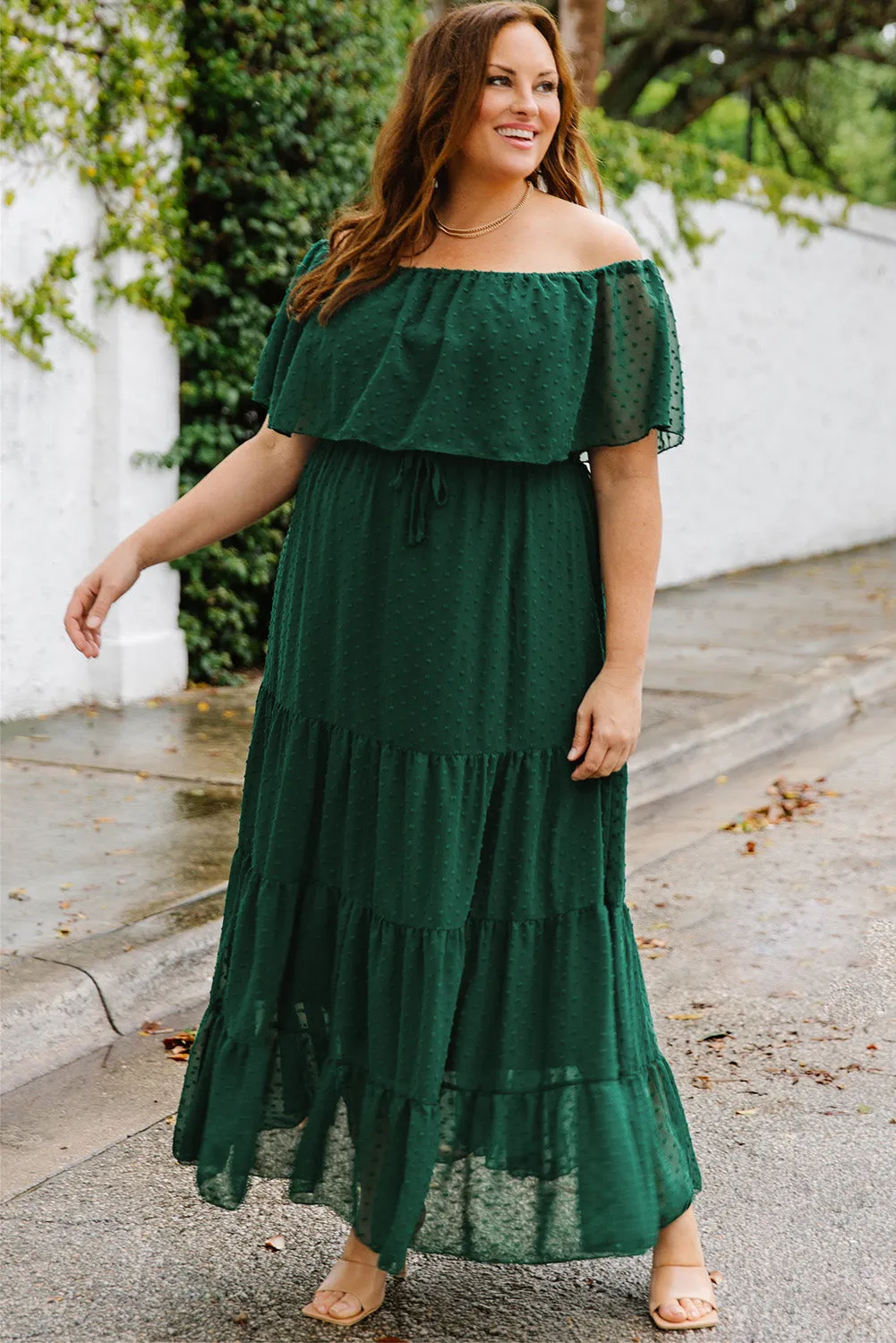 Yellow Yellow Off Shoulder Ruffle Swiss Dot Maxi Dress