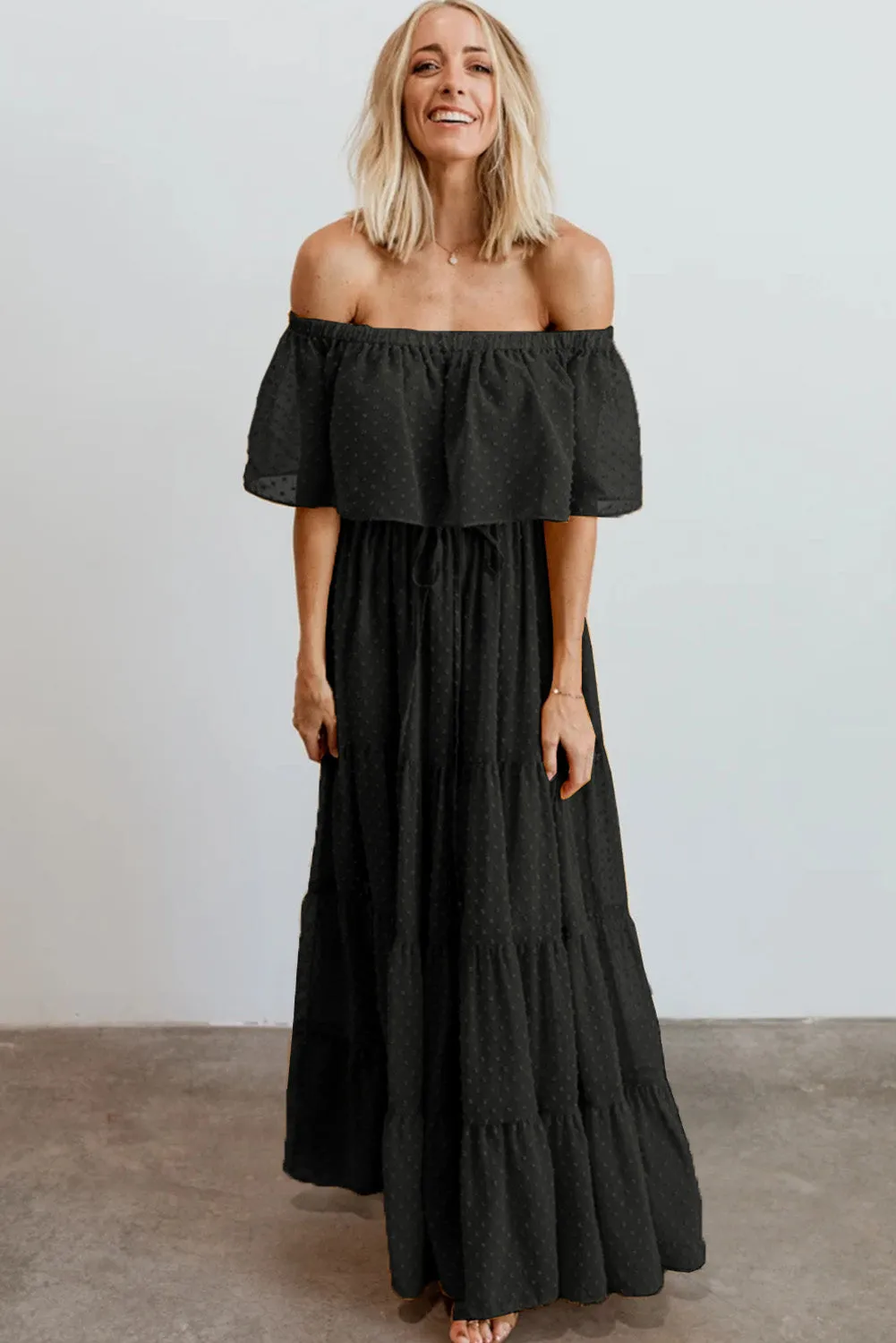 Yellow Yellow Off Shoulder Ruffle Swiss Dot Maxi Dress