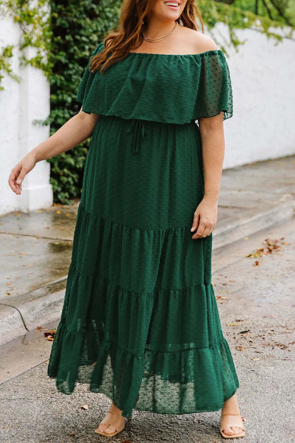 Yellow Yellow Off Shoulder Ruffle Swiss Dot Maxi Dress