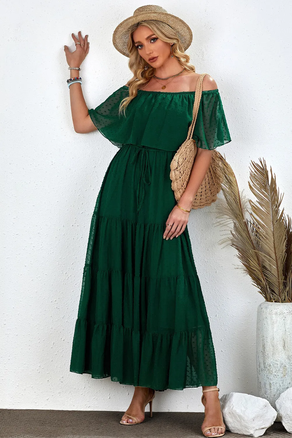 Yellow Yellow Off Shoulder Ruffle Swiss Dot Maxi Dress