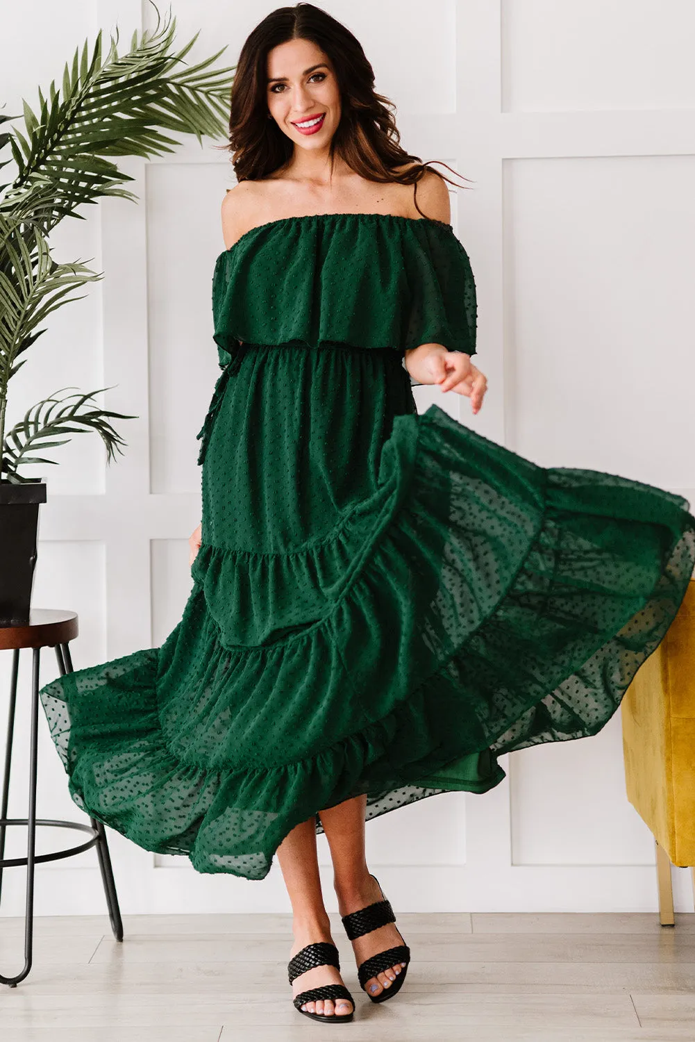 Yellow Yellow Off Shoulder Ruffle Swiss Dot Maxi Dress
