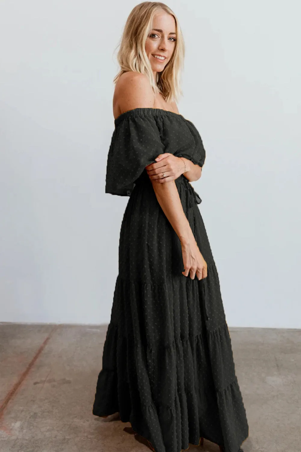 Yellow Yellow Off Shoulder Ruffle Swiss Dot Maxi Dress