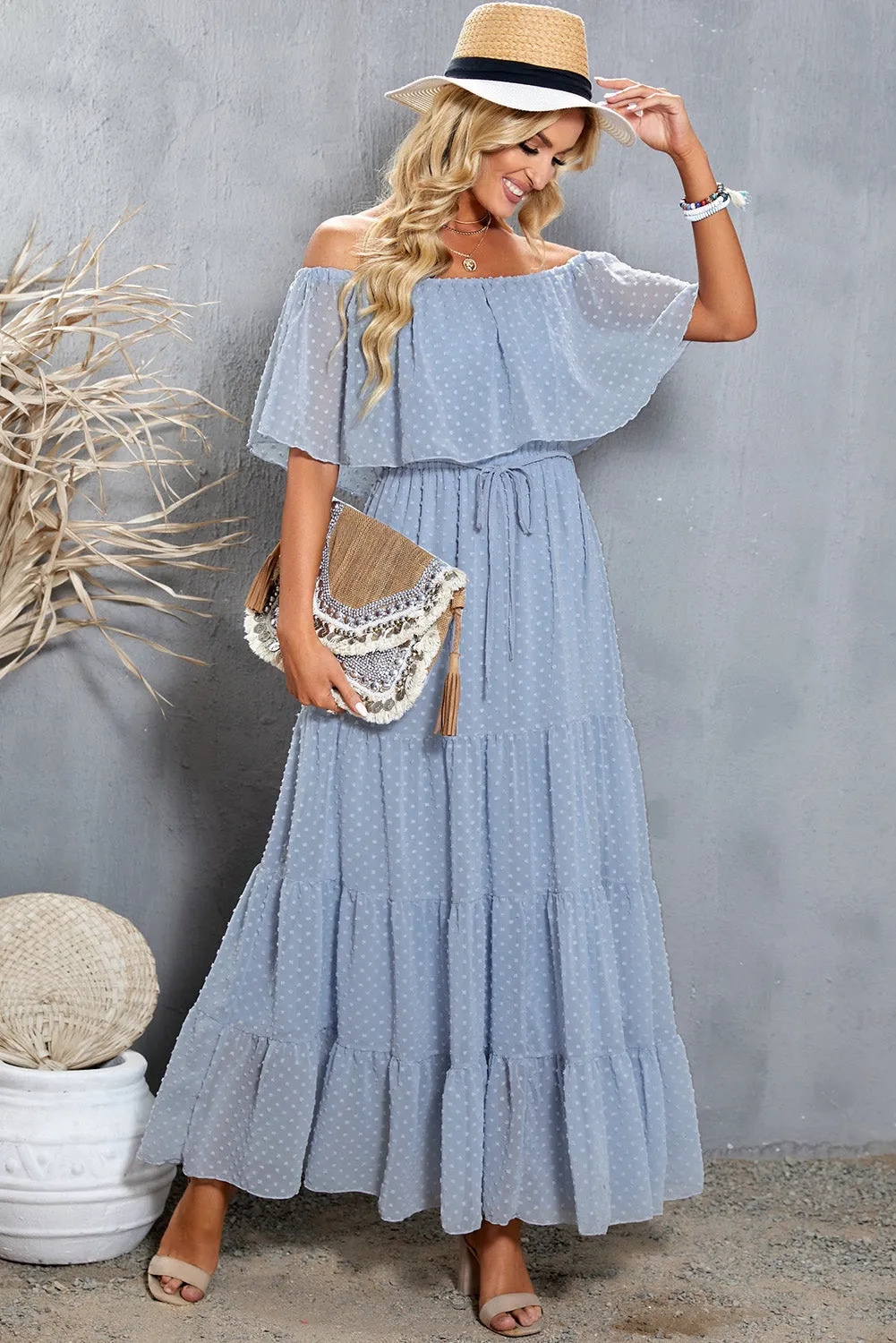 Yellow Yellow Off Shoulder Ruffle Swiss Dot Maxi Dress