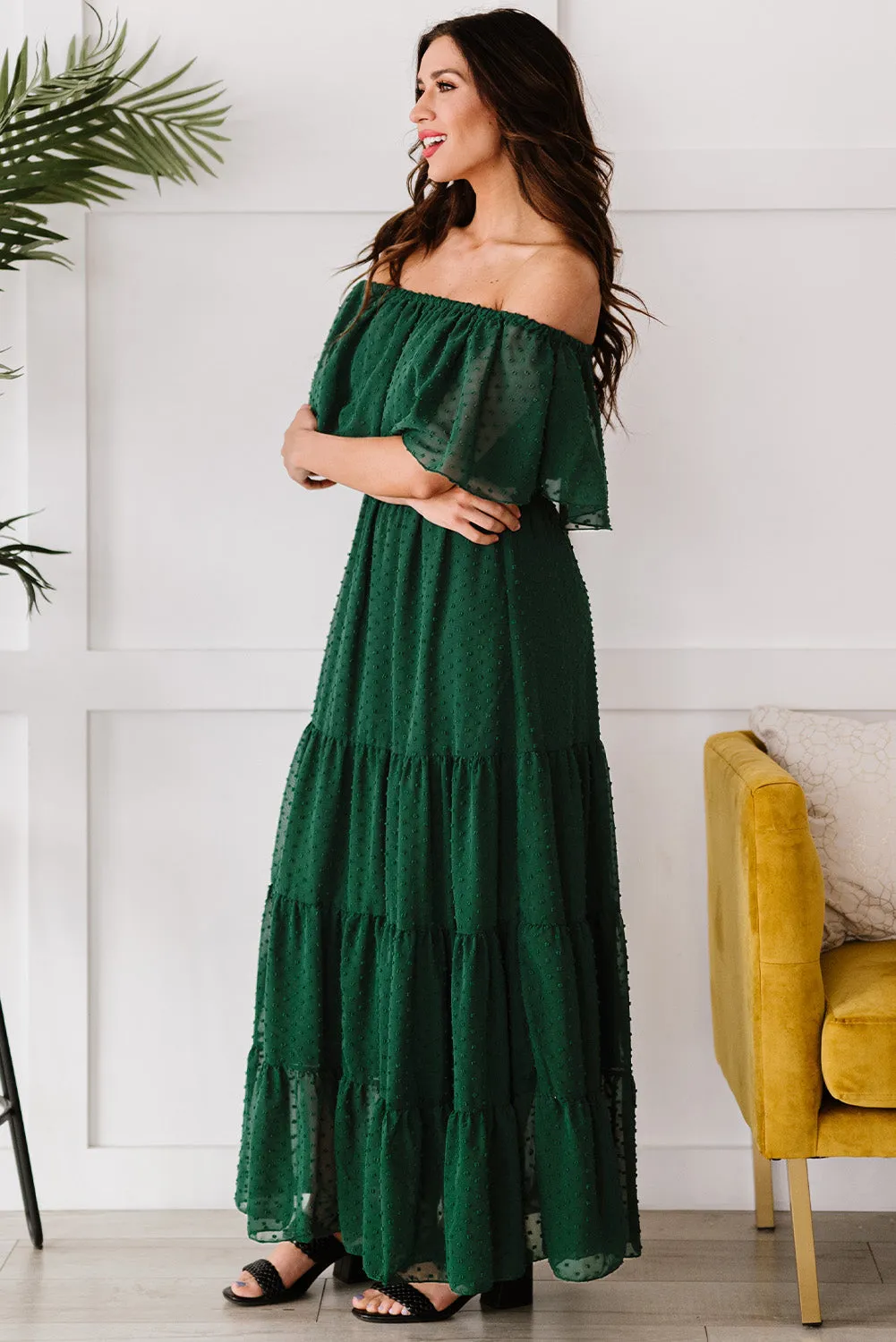 Yellow Yellow Off Shoulder Ruffle Swiss Dot Maxi Dress