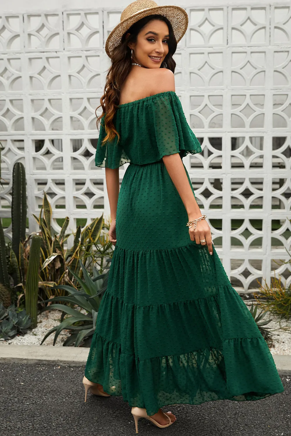 Yellow Yellow Off Shoulder Ruffle Swiss Dot Maxi Dress