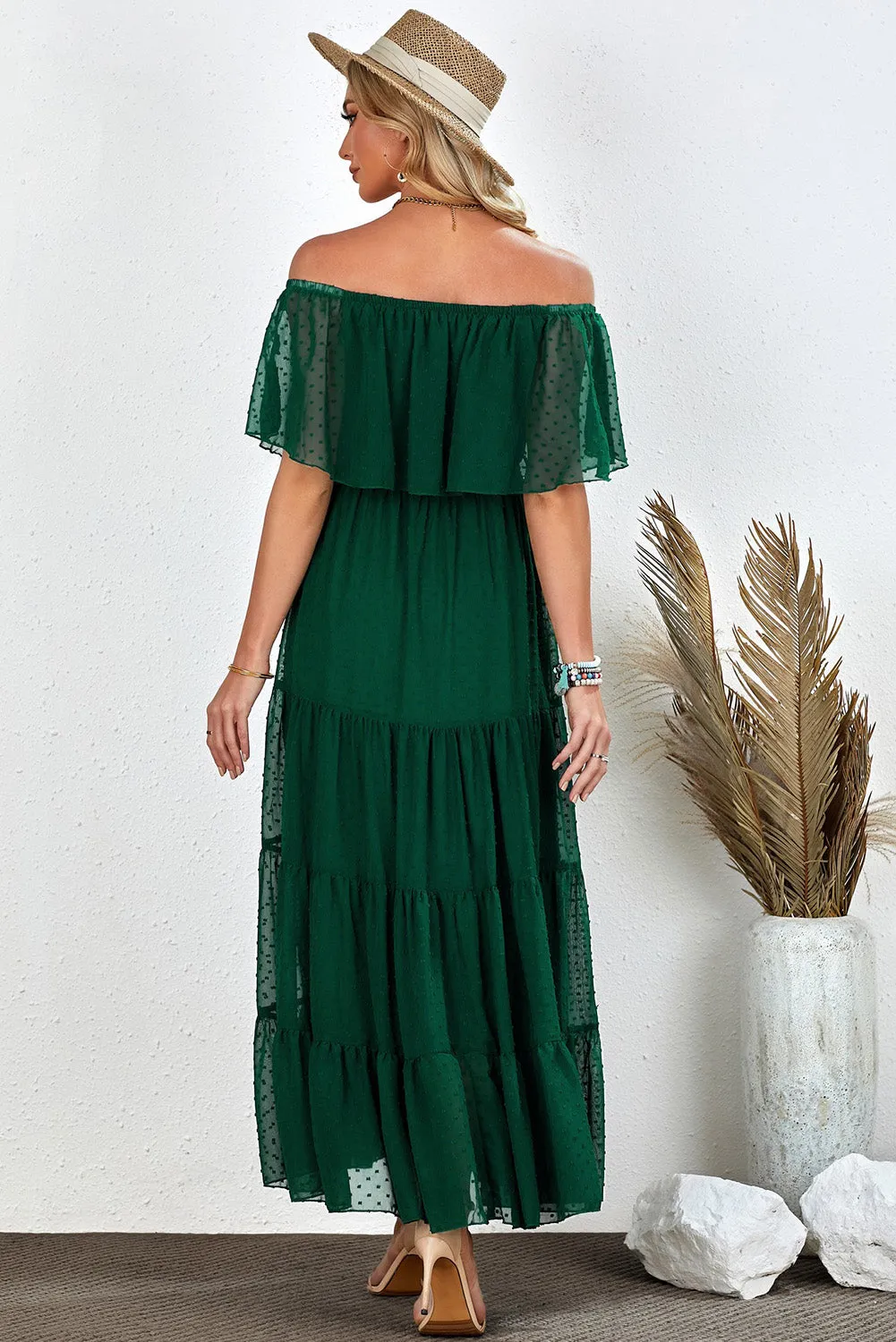 Yellow Yellow Off Shoulder Ruffle Swiss Dot Maxi Dress