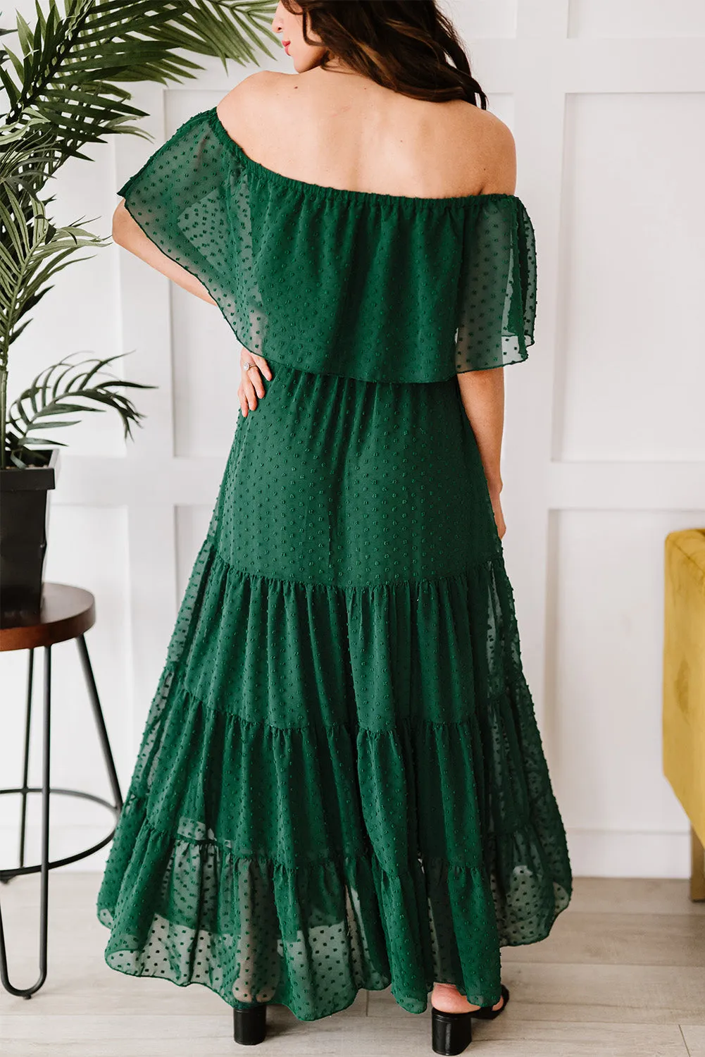 Yellow Yellow Off Shoulder Ruffle Swiss Dot Maxi Dress