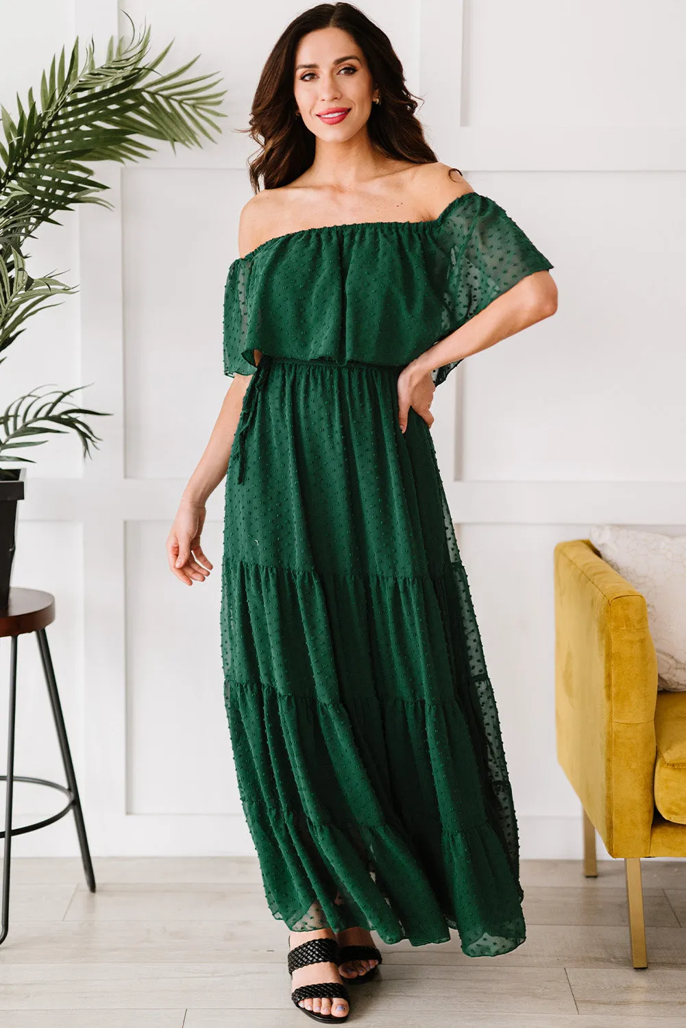 Yellow Yellow Off Shoulder Ruffle Swiss Dot Maxi Dress