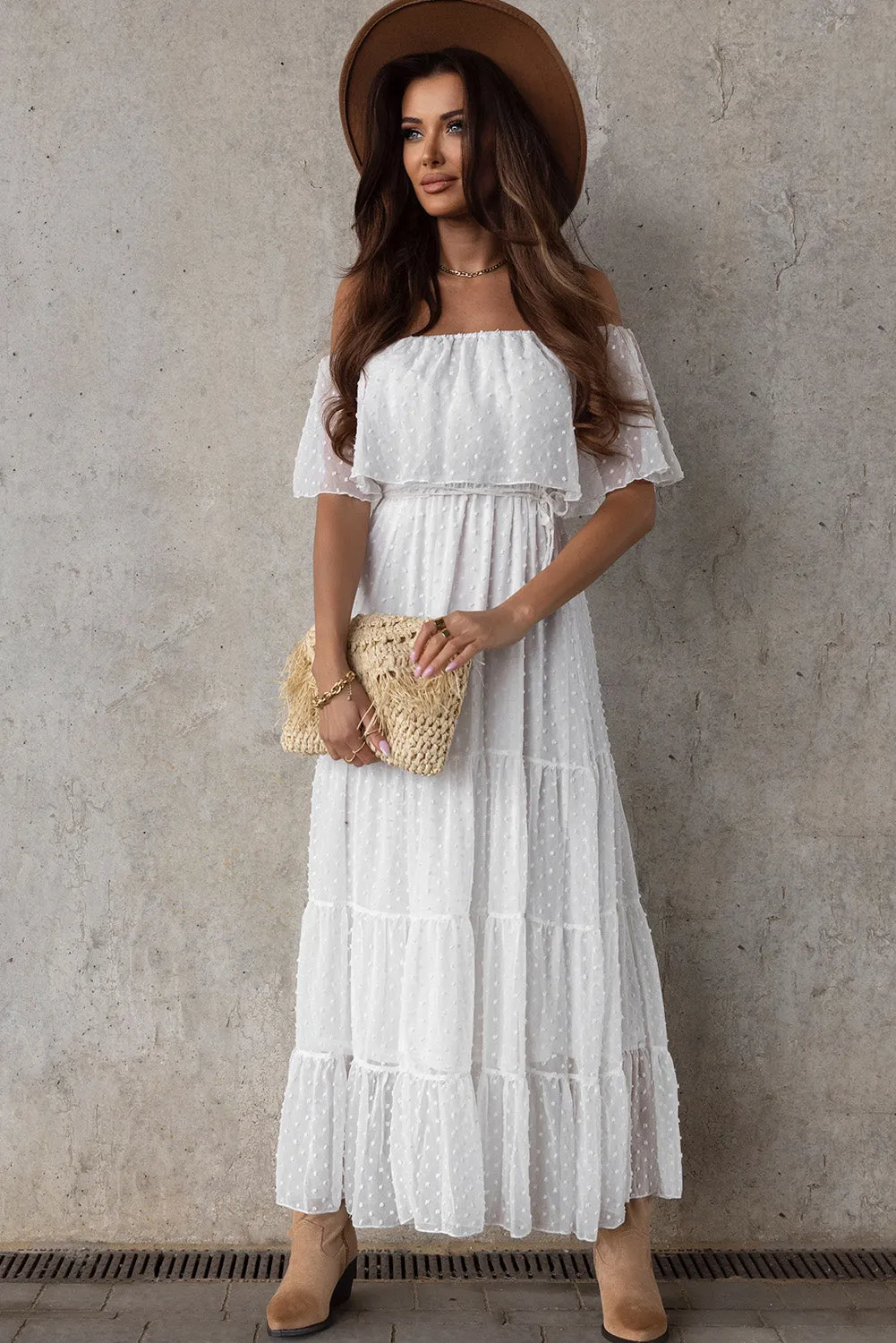 Yellow Yellow Off Shoulder Ruffle Swiss Dot Maxi Dress