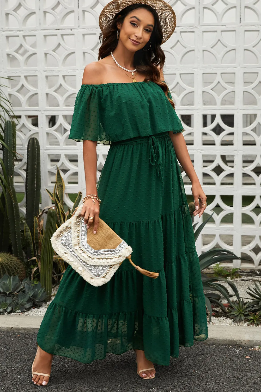 Yellow Yellow Off Shoulder Ruffle Swiss Dot Maxi Dress