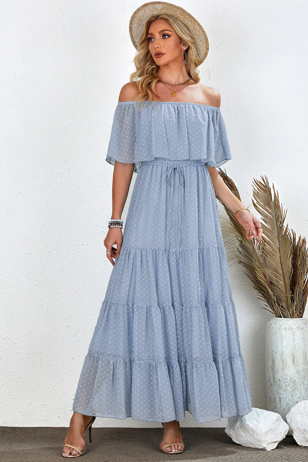 Yellow Yellow Off Shoulder Ruffle Swiss Dot Maxi Dress