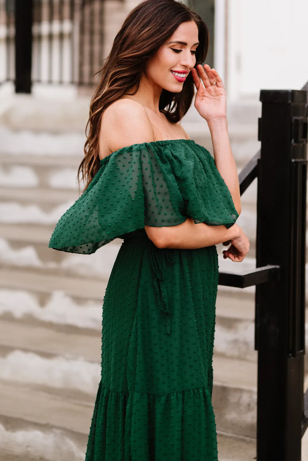 Yellow Yellow Off Shoulder Ruffle Swiss Dot Maxi Dress