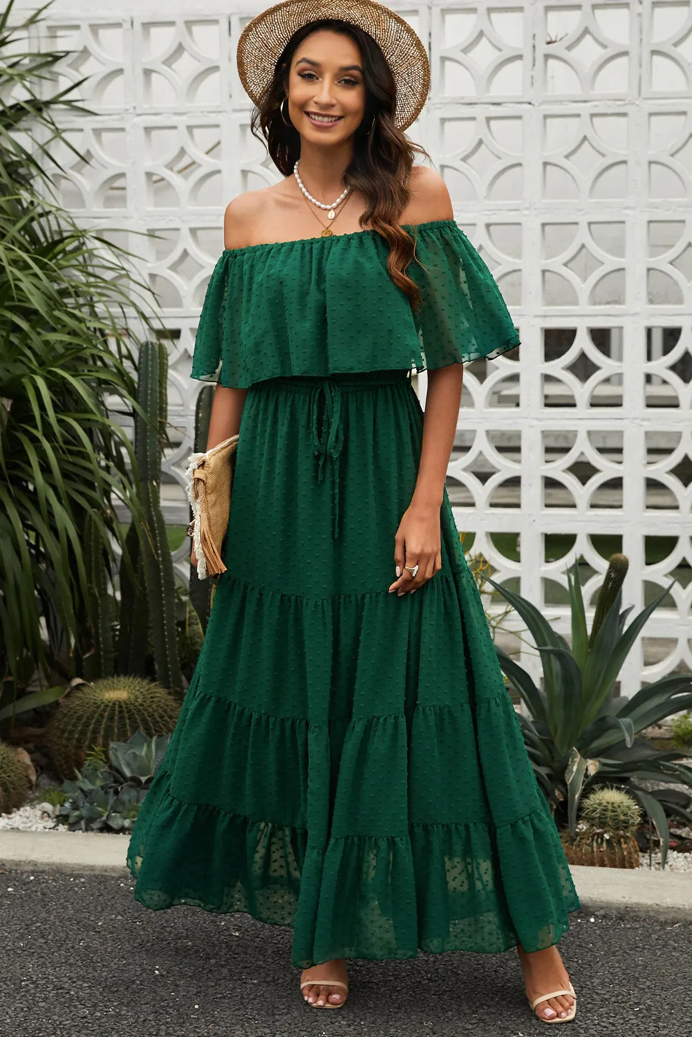 Yellow Yellow Off Shoulder Ruffle Swiss Dot Maxi Dress