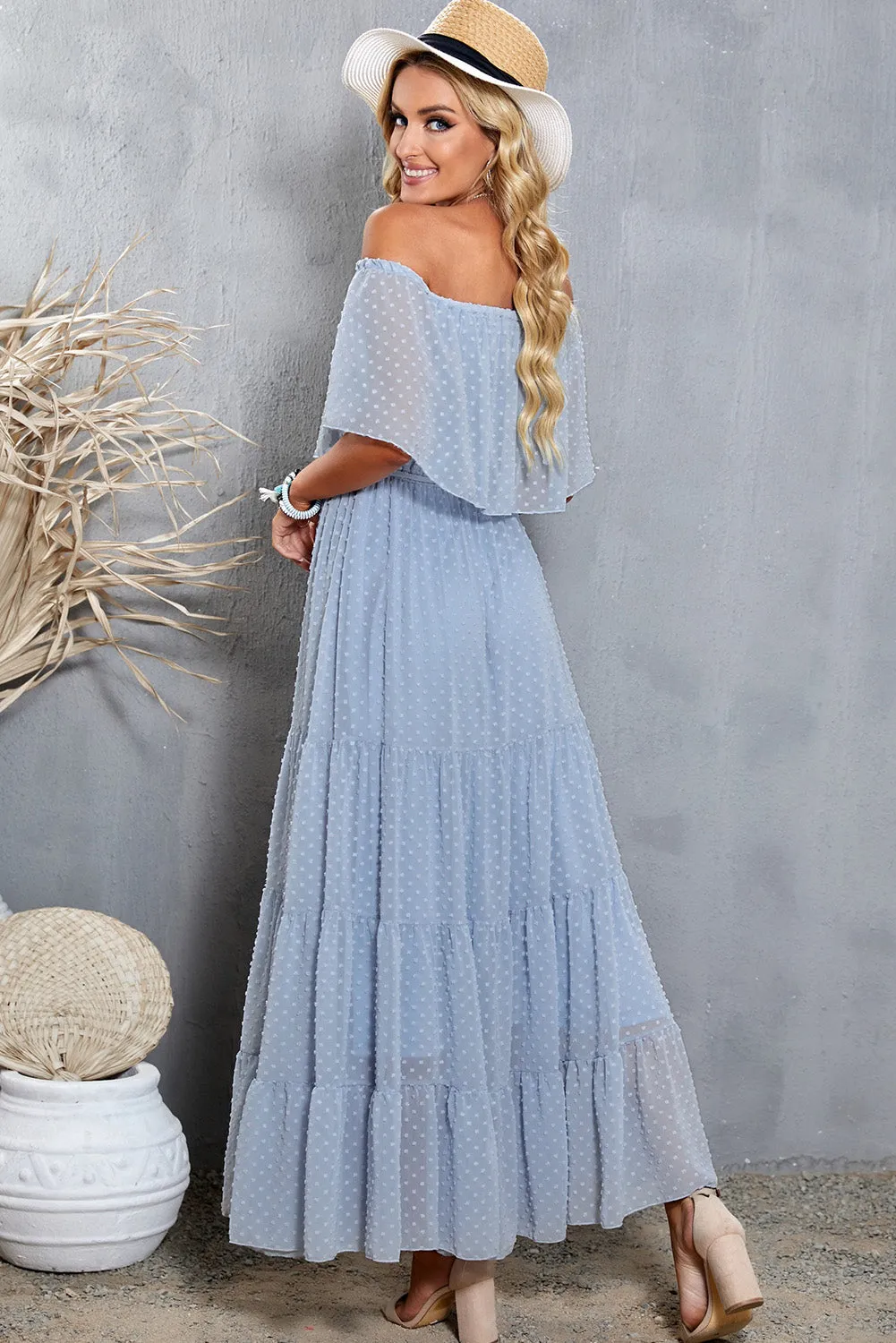Yellow Yellow Off Shoulder Ruffle Swiss Dot Maxi Dress