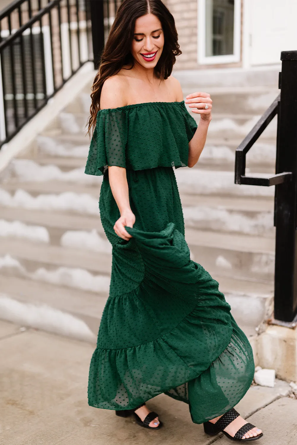Yellow Yellow Off Shoulder Ruffle Swiss Dot Maxi Dress