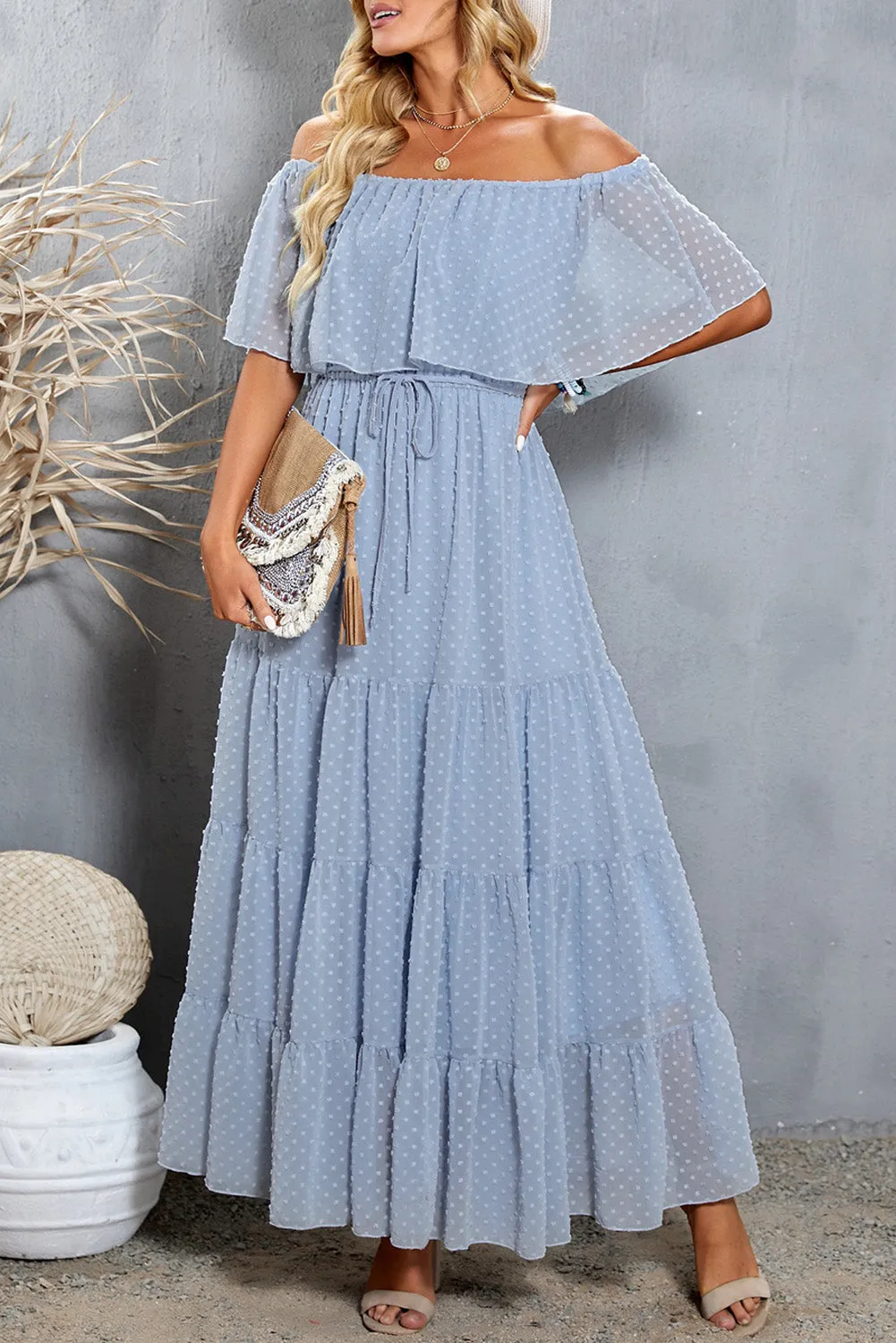 Yellow Yellow Off Shoulder Ruffle Swiss Dot Maxi Dress
