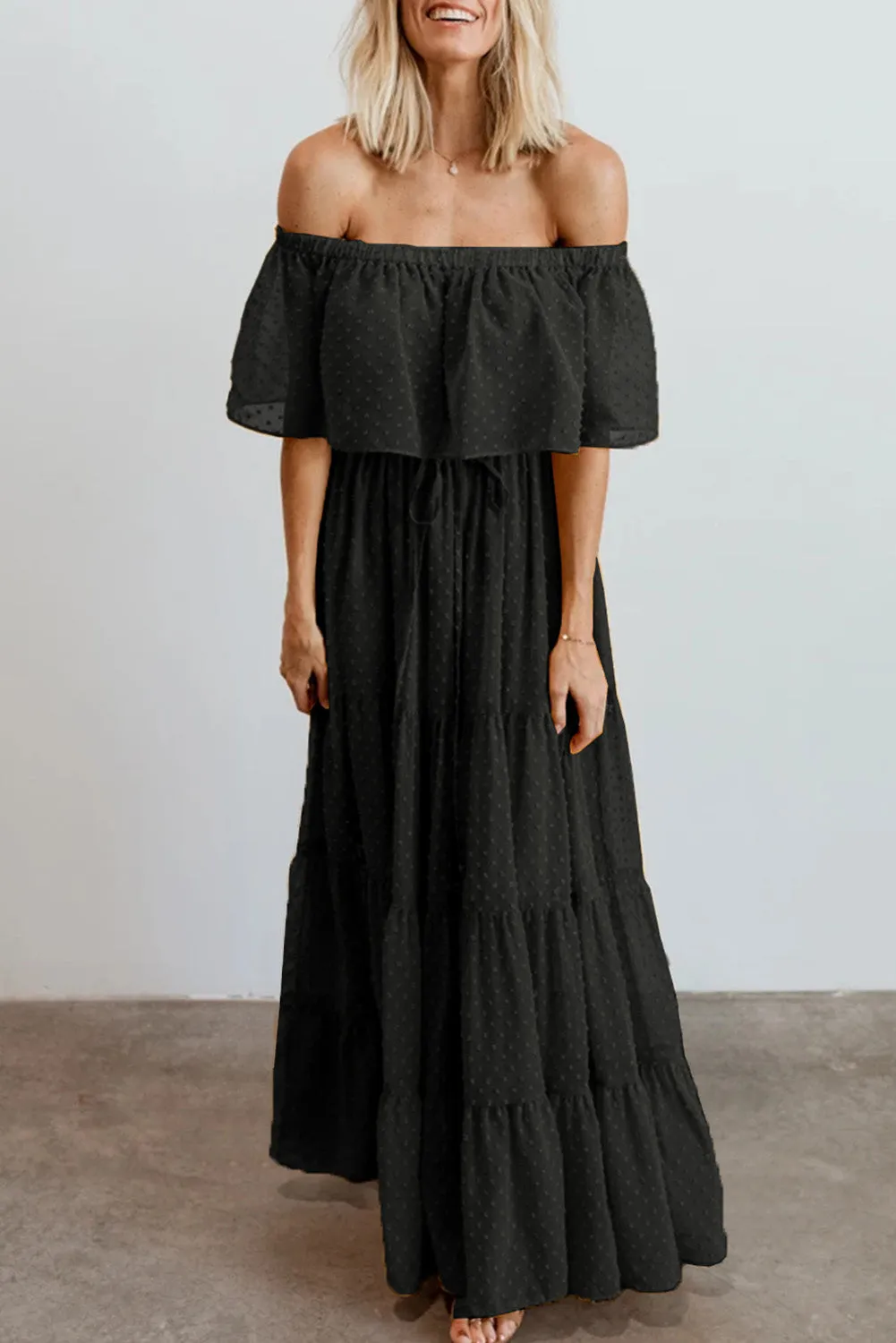 Yellow Yellow Off Shoulder Ruffle Swiss Dot Maxi Dress