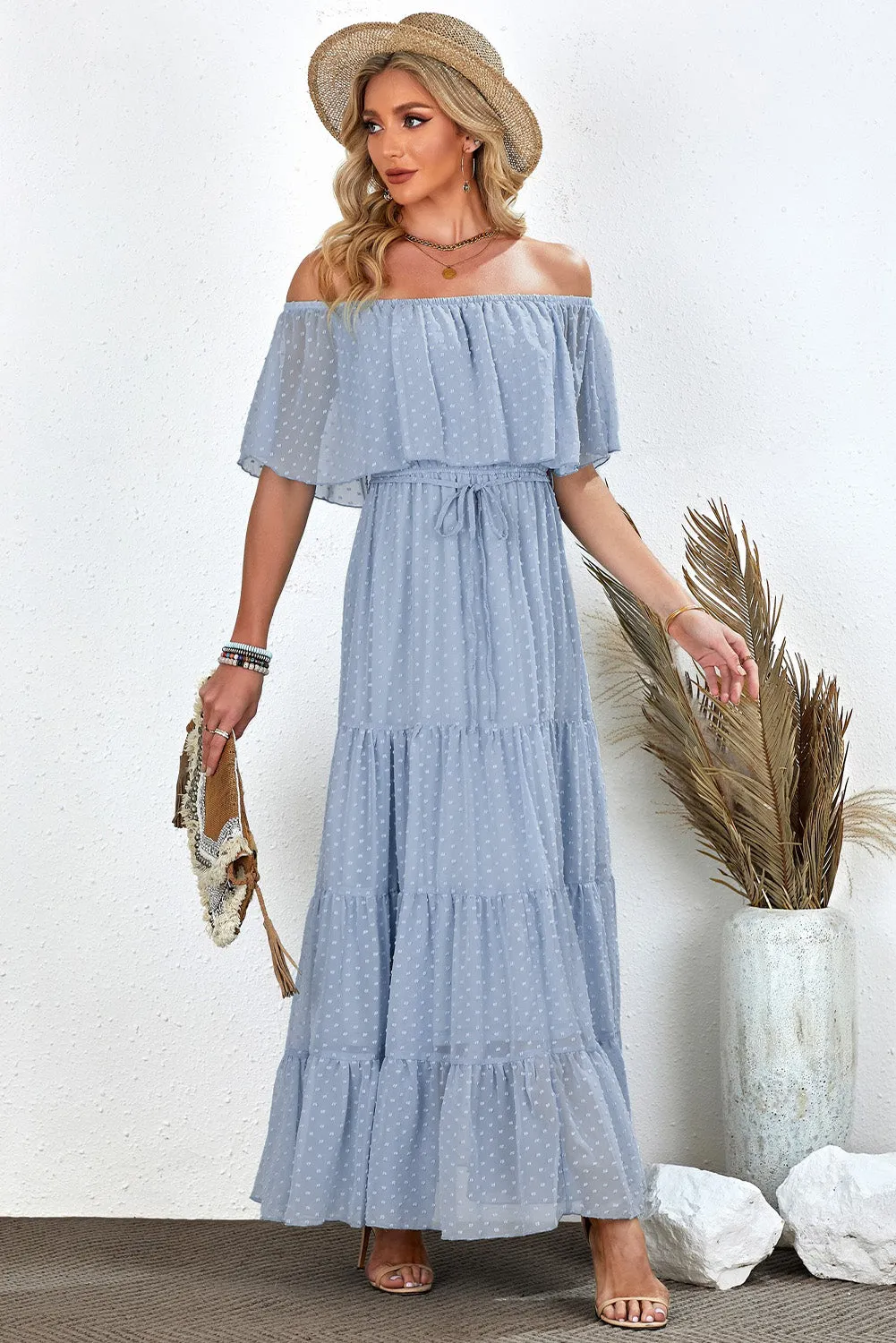 Yellow Yellow Off Shoulder Ruffle Swiss Dot Maxi Dress