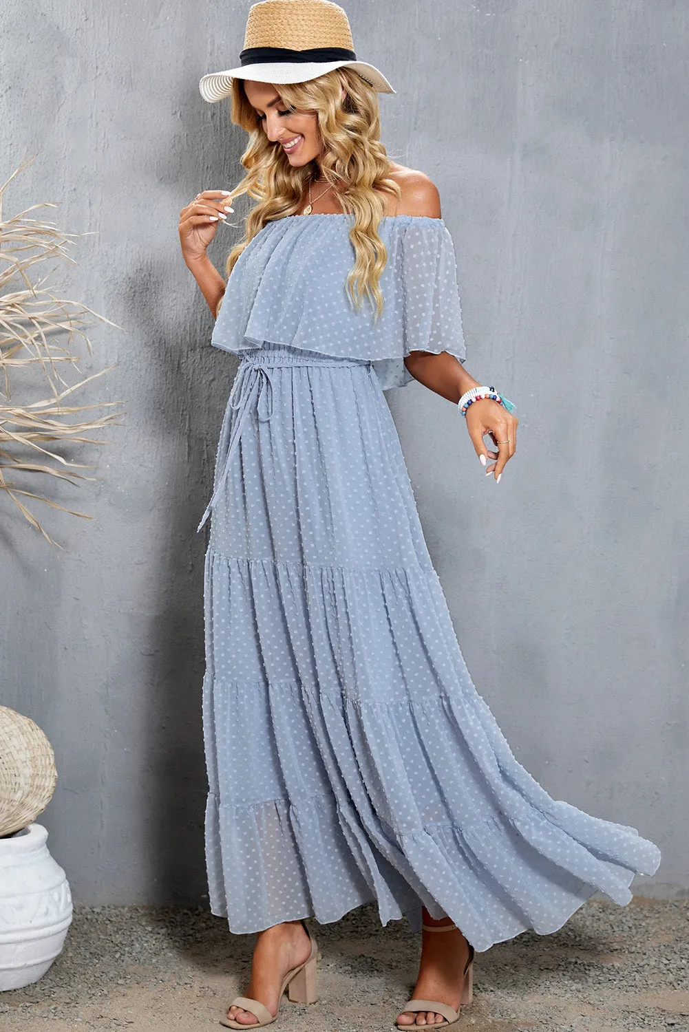 Yellow Yellow Off Shoulder Ruffle Swiss Dot Maxi Dress