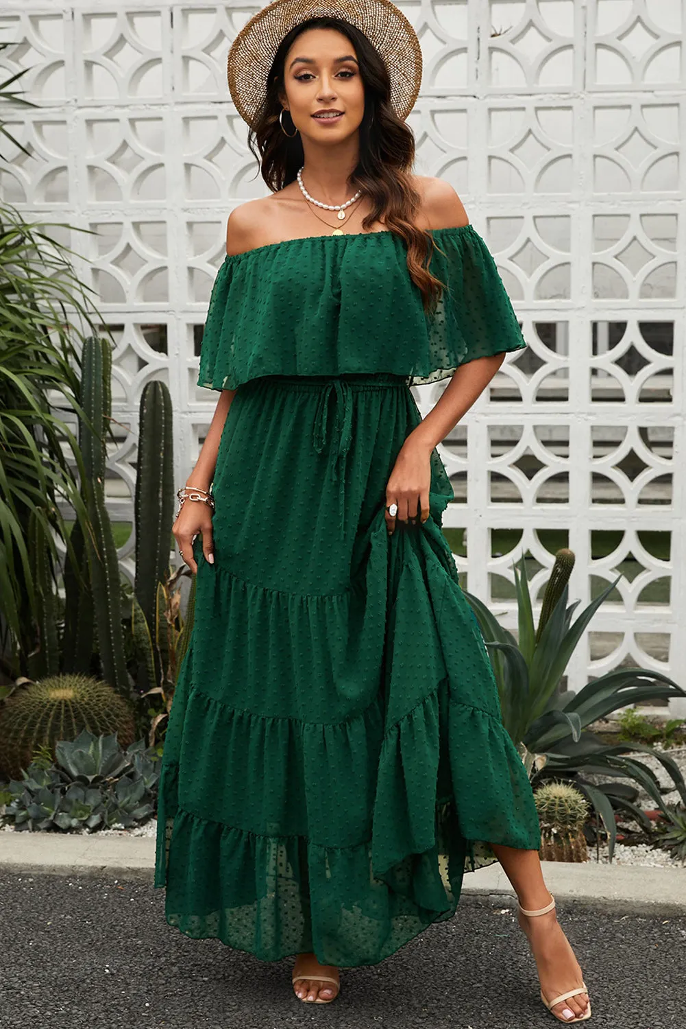 Yellow Yellow Off Shoulder Ruffle Swiss Dot Maxi Dress