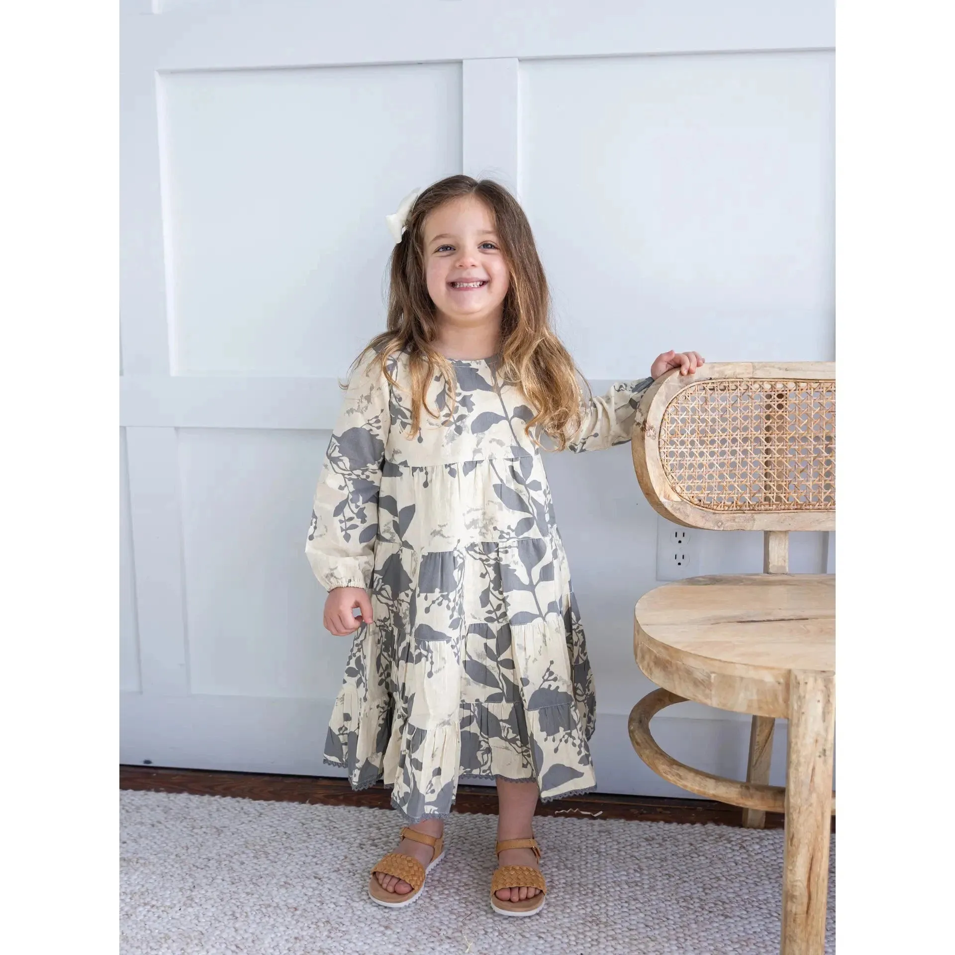 Yo Baby Grey Leaf Printed Tiered Long Sleeve Dress
