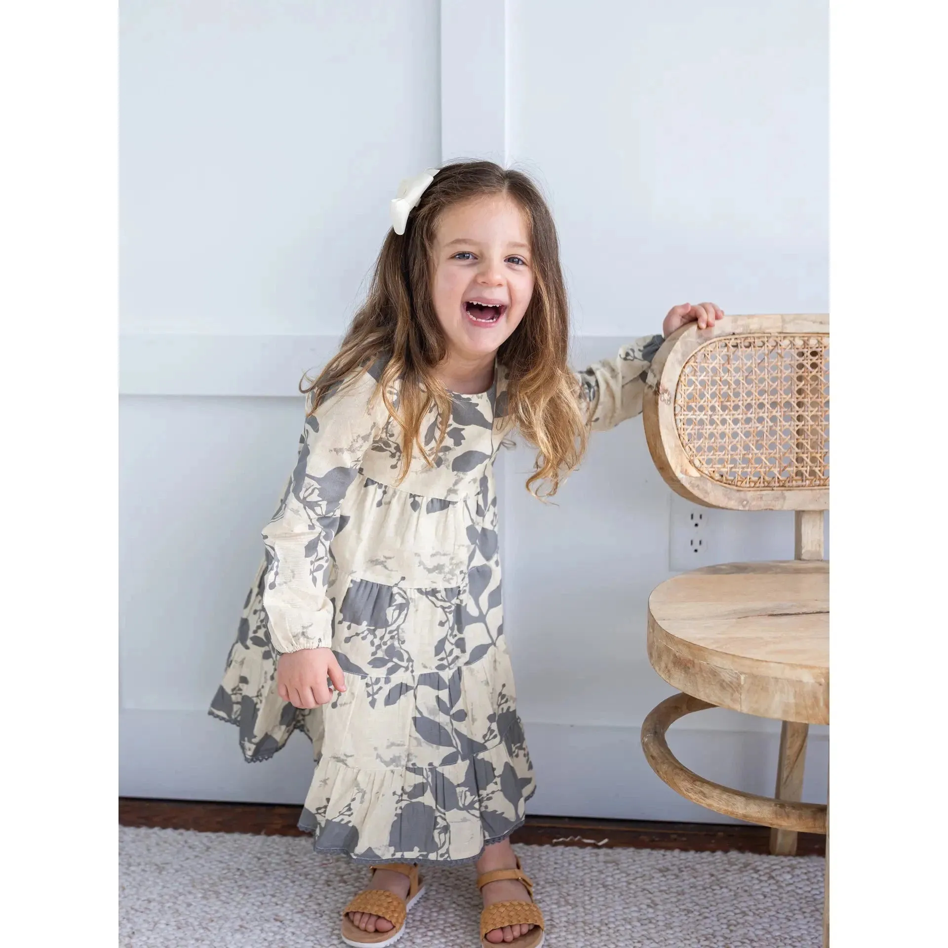 Yo Baby Grey Leaf Printed Tiered Long Sleeve Dress