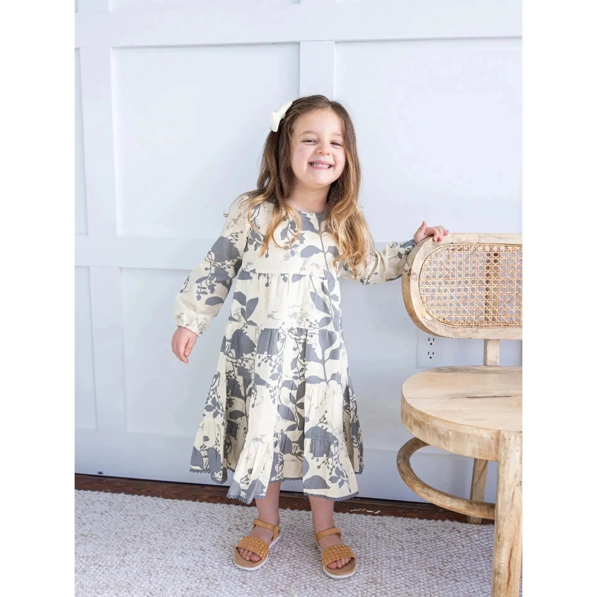 Yo Baby Grey Leaf Printed Tiered Long Sleeve Dress