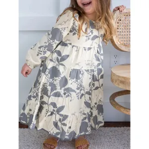 Yo Baby Grey Leaf Printed Tiered Long Sleeve Dress
