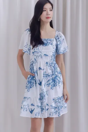 Yves Porcelain Flutter Sleeve Pleated Dress In Blue