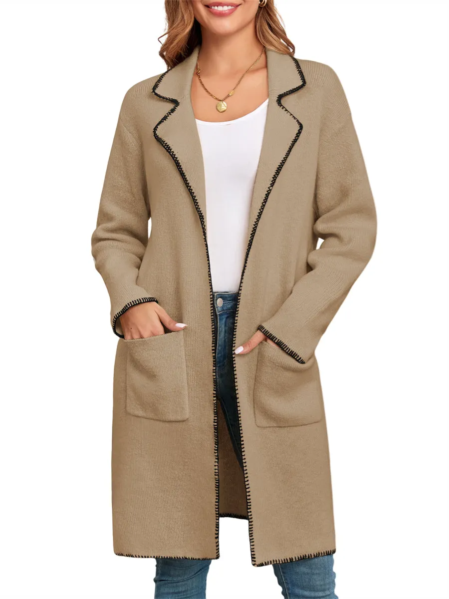 ZAFUL Women's Long Cardigans Knit Lapel Open Front Coatigan Casual Oversized Sweaters Fall Outwear with Pockets