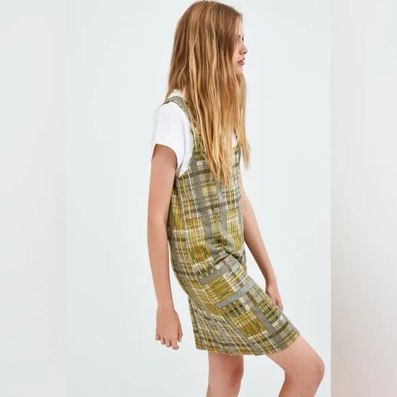 Zara Trafaluc Metallic Woven Knit Plaid Pinafore Overall Dress