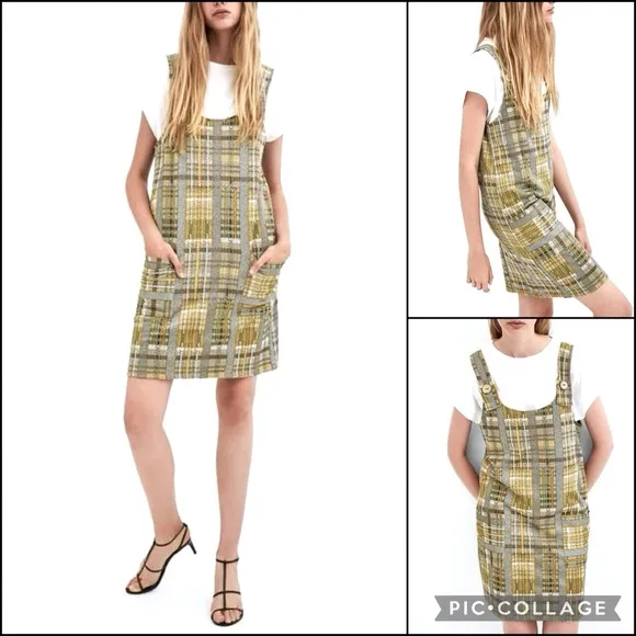 Zara Trafaluc Metallic Woven Knit Plaid Pinafore Overall Dress