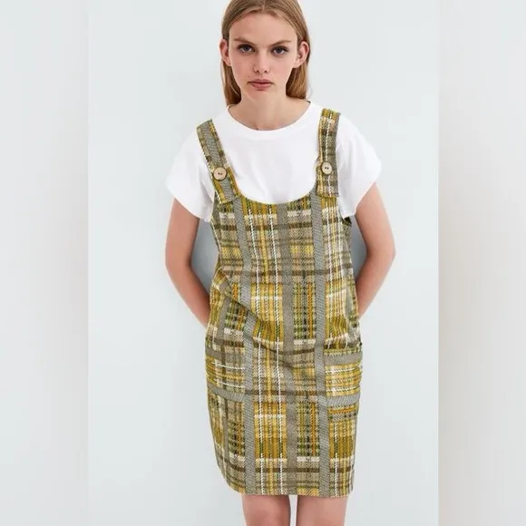 Zara Trafaluc Metallic Woven Knit Plaid Pinafore Overall Dress