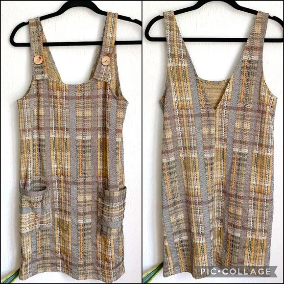 Zara Trafaluc Metallic Woven Knit Plaid Pinafore Overall Dress