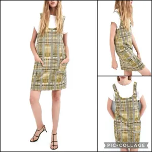 Zara Trafaluc Metallic Woven Knit Plaid Pinafore Overall Dress