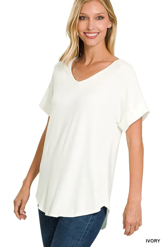 ZENANA Luxe Rayon Short Cuff Sleeve V-Neck Round Hem Top.