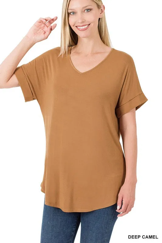 ZENANA Luxe Rayon Short Cuff Sleeve V-Neck Round Hem Top.