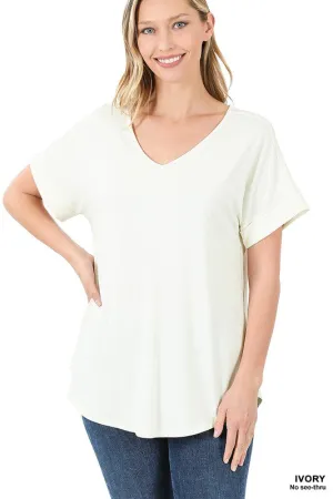 ZENANA Luxe Rayon Short Cuff Sleeve V-Neck Round Hem Top.