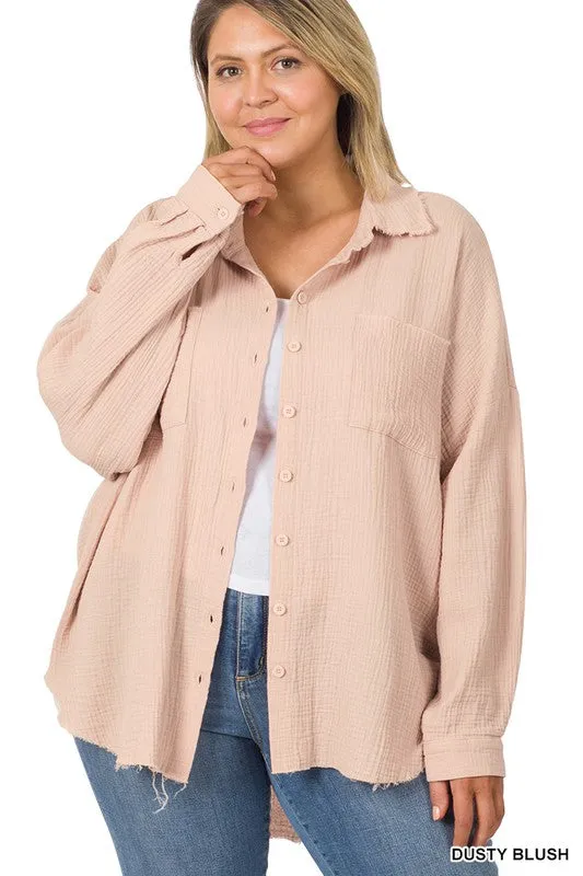 ZENANA Plus Oversized Raw Edge Shirt