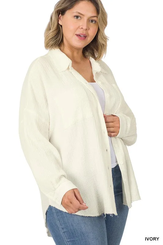 ZENANA Plus Oversized Raw Edge Shirt