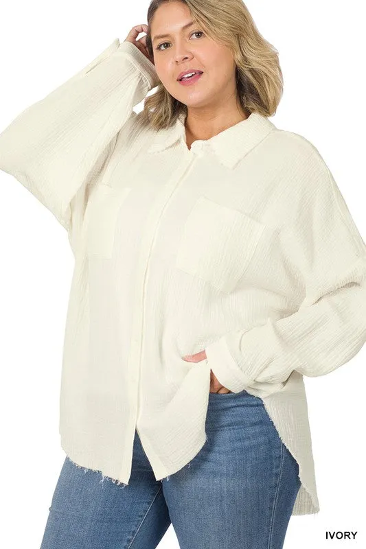 ZENANA Plus Oversized Raw Edge Shirt