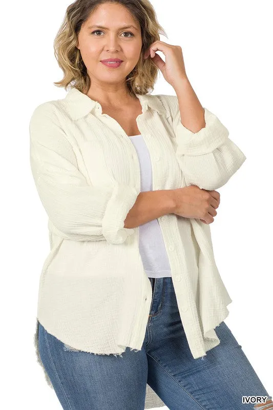 ZENANA Plus Oversized Raw Edge Shirt